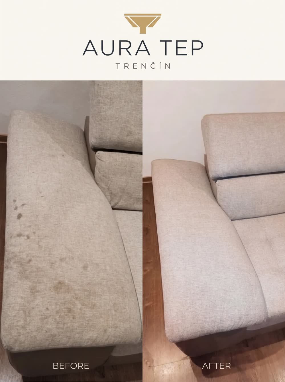 Sedačka pred a po tepovaní — AURA TEP Trenčín