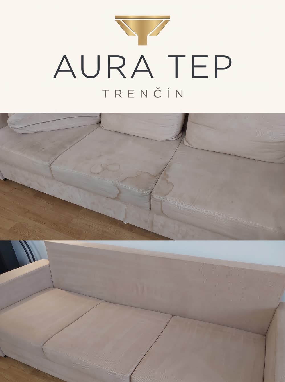 Sedačka pred a po tepovaní — AURA TEP Trenčín
