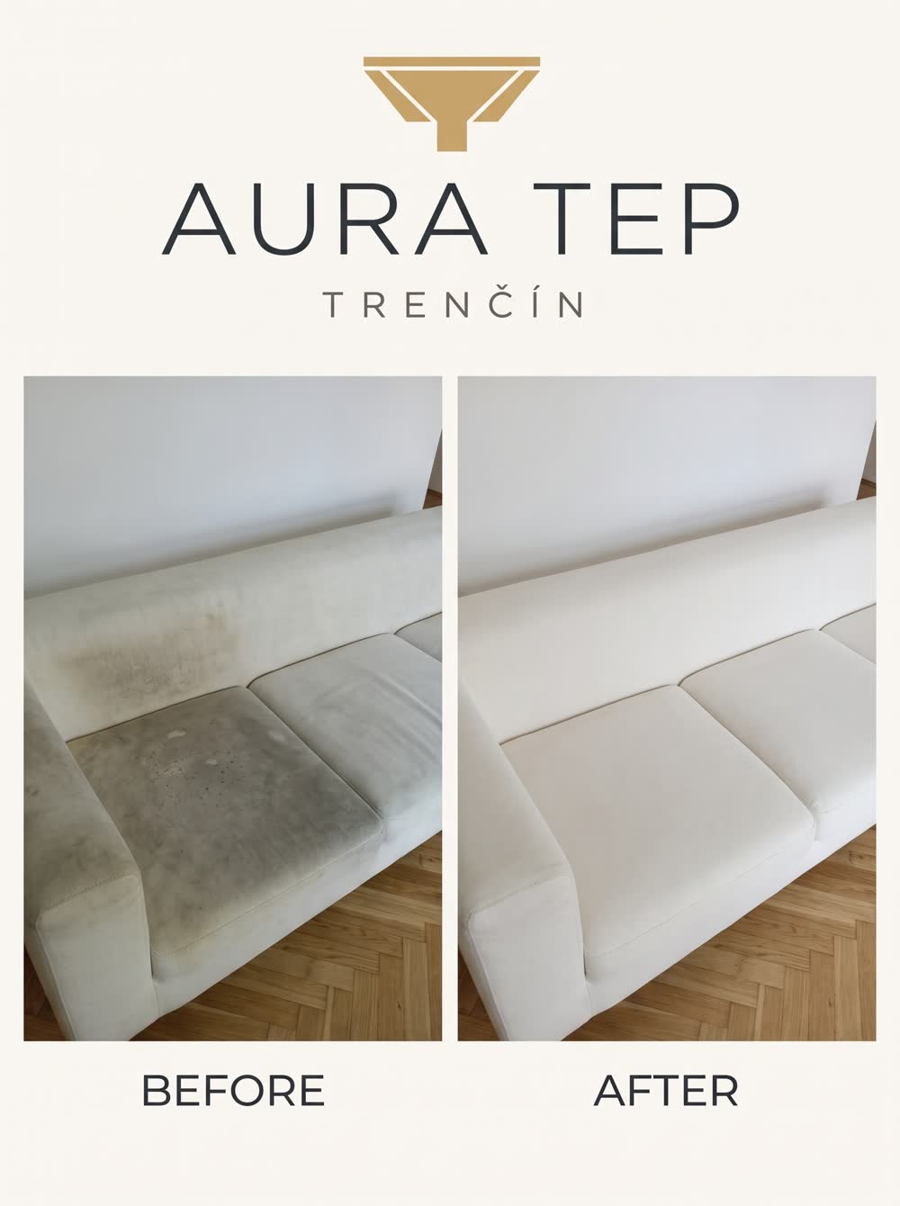 Sedačka pred a po tepovaní — AURA TEP Trenčín